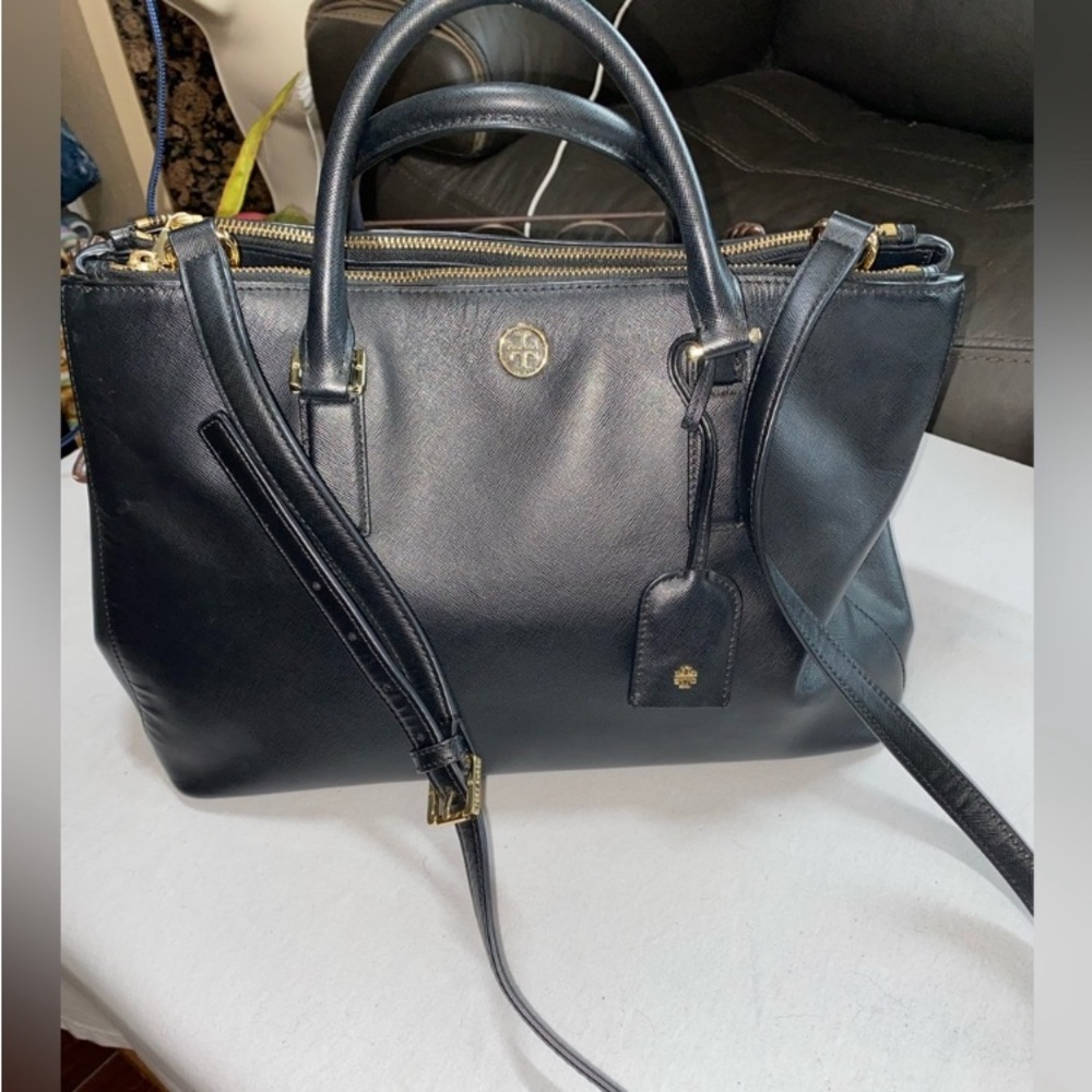 Large Tory Burch Satchel Handbag Shoulder Bag Crossbody Purse 🖤 Black Leather